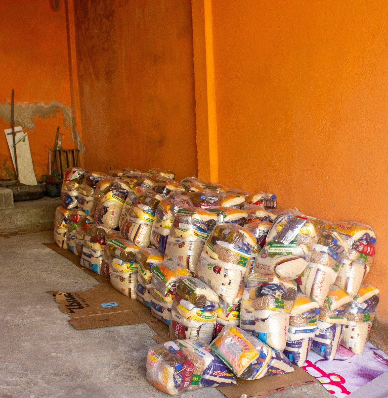 Food baskets staged for delivery, 2023